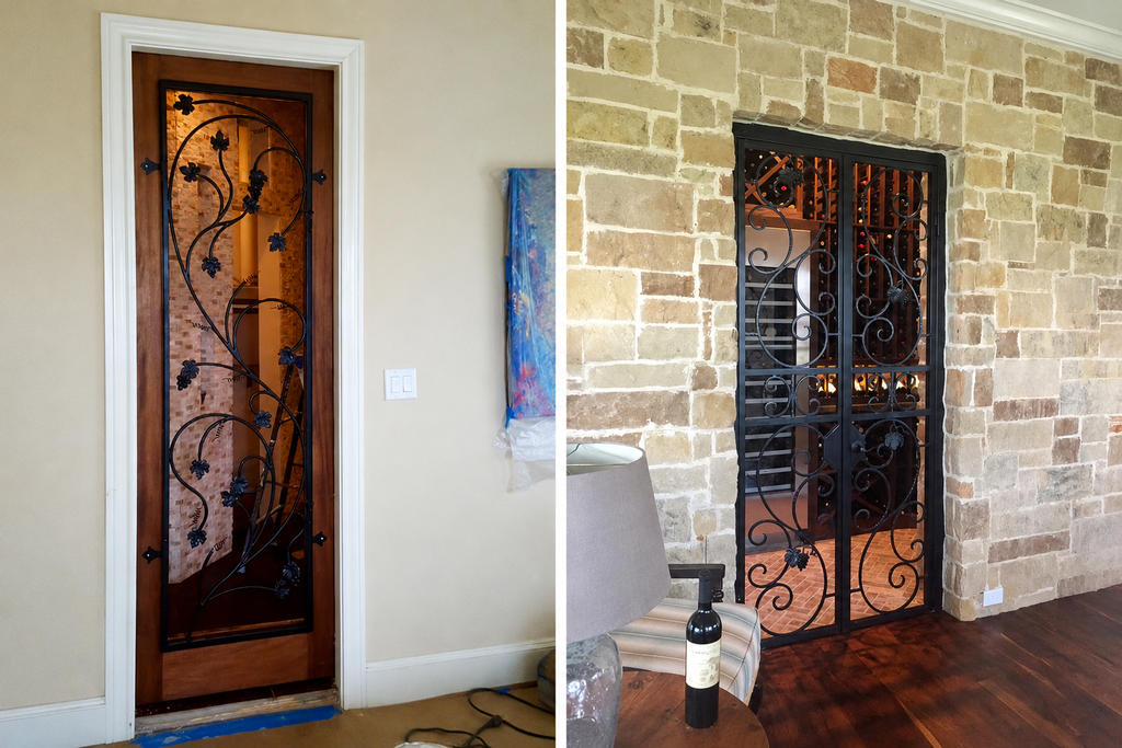 wrought iron door with wooden frame